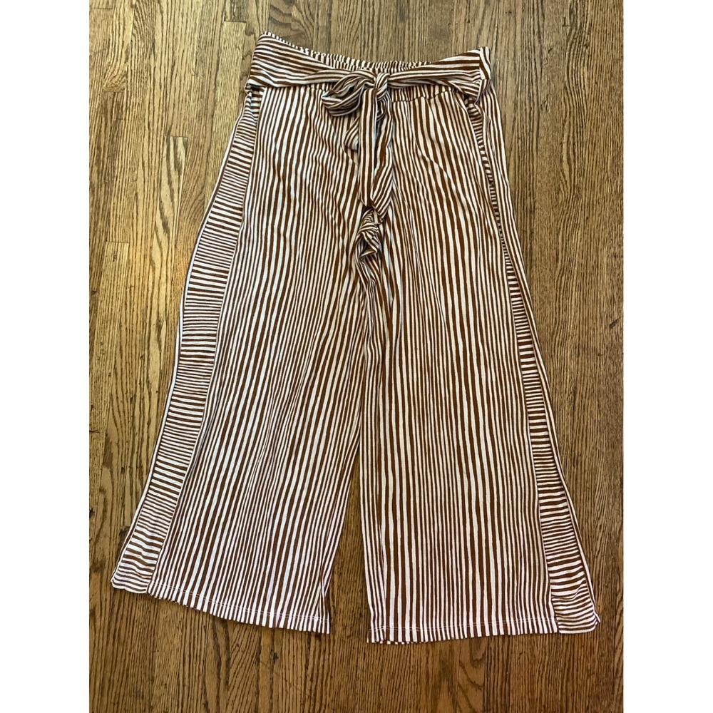 Cato EST. 1946 Brown‎ White Striped Wide Leg Crop Pants Petite Medium Tie Waist